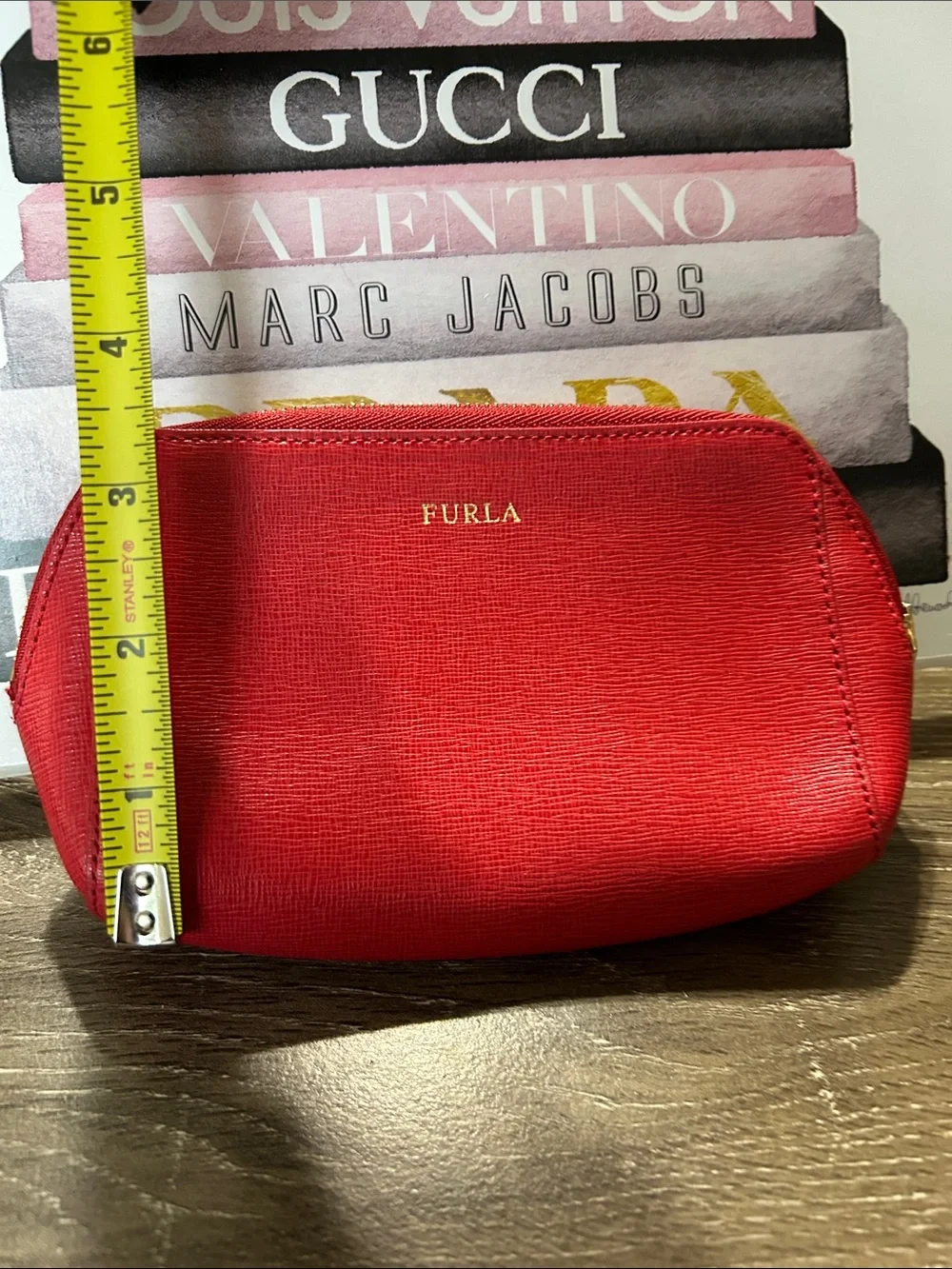 Furla Red Saffiano Leather Cosmetic Case with Gold Hardware